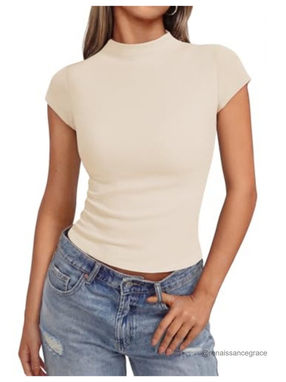 Women's Ribbed Knit Mock Neck Cap Sleeve Crop Top Slim Fit Work Tee